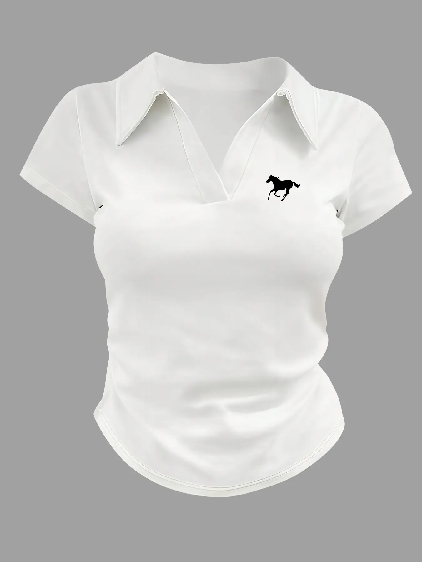 Women's Polo Shirt, Short Sleeve, Slim Fit, Fitted, Horse Print, Elastic Fabric, Collar Design, Collared, Casual Wear, Everyday, Fashionable Women's Clothing, Collared Polo Shirts