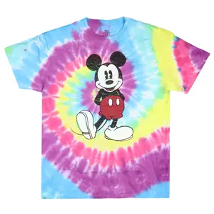 Disney Men's Mickey Mouse Classic Pose Distressed Graphic Print Spiral Tie-Dye Adult Short Sleeve T-Shirt