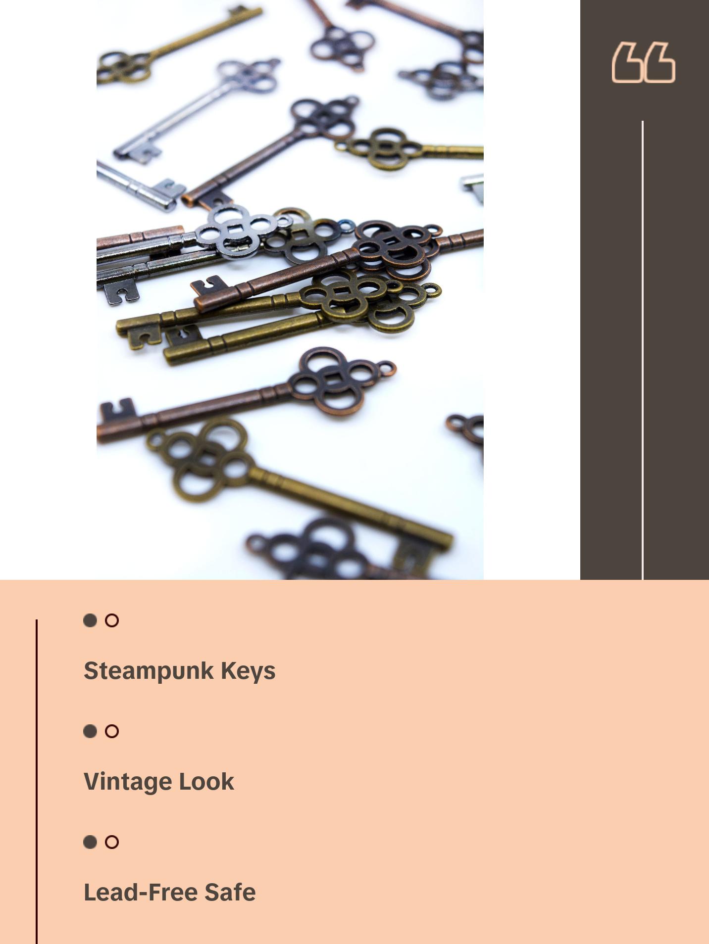 Keys: Antique Brass, Copper, and Gunmetal (black) Key Pendants, 10 pcs