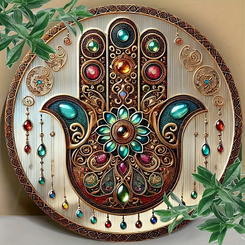 Support customization based on provided images Bohemian Religious Gem Hand Aluminum Sign - Multifunctional Round Decor, Perfect for Home, Garden, Porch & Living Room Wall Art