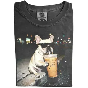 Vintage Cool French Bulldog Coffee Shirt, Dog Drinking Iced Coffee Tee, Funny Street Style Pet Graphic Tee, Night City Aesthetic Dog Meme T-Shirt, Retro Humor Tee, Gift for Men Women, Crew Neck T-shirt, Trending T-shirt
