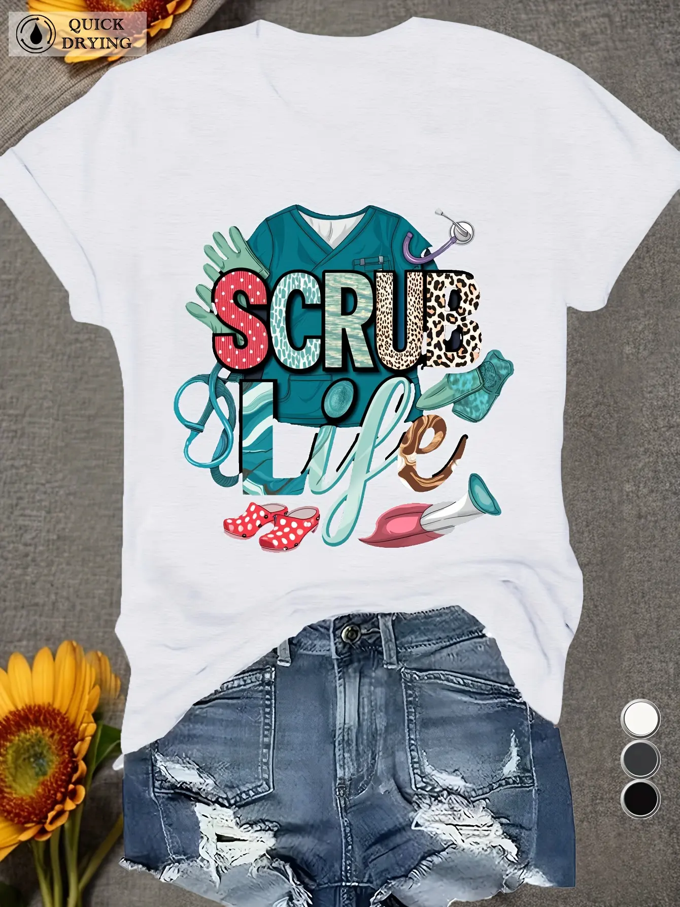 Women's Soft Comfort-Fit Scrubs T-Shirt with Stethoscope & Nurse Cap Print - Casual Healthcare Uniform, Short Sleeve Nurse Top for Hospital Staff, Stethoscope-Themed Attire (No Underneath)