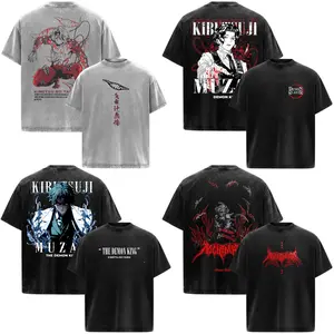 Kibutsuji Muzan Demon Slayer: Kimetsu No Yaiba Anime Manga Acid Washed 230GSM Heavyweight Cotton T Shirt Collection - Size S to 3XL - Unisex Vintage Streetwear Oversized Crewneck Merch - Gift for Anime Fans