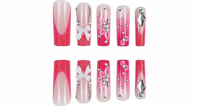 24 pcs Press on Nails - Long Square Glue on Nails with Hot Pink, Acrylic Bling Glitter Rhinestone Design 24 pcs Press on Nails - Long Square Glue on Nails with Hot Pink, Acrylic Bling Glitter Rhinestone Design