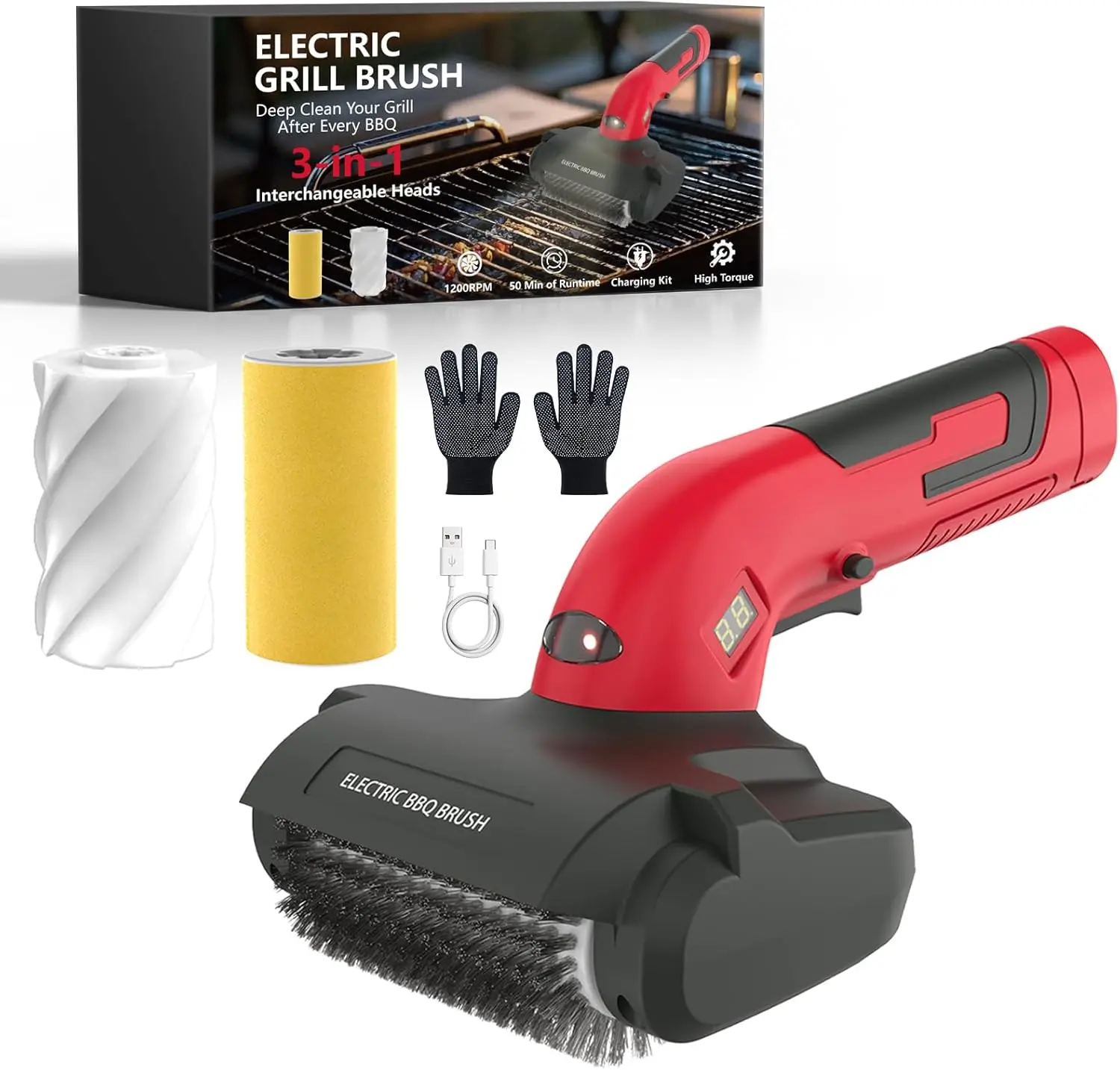 Electric Grill Brush with LED Light,3-in-1 Replaceable Brush Heads, 1200 RPM Speed, Cordless & Type-C Rechargeable Grill Cleaning Tool for Outdoor BBQ, Gift for Men/Dad #TikTokShopDealsforYouDays