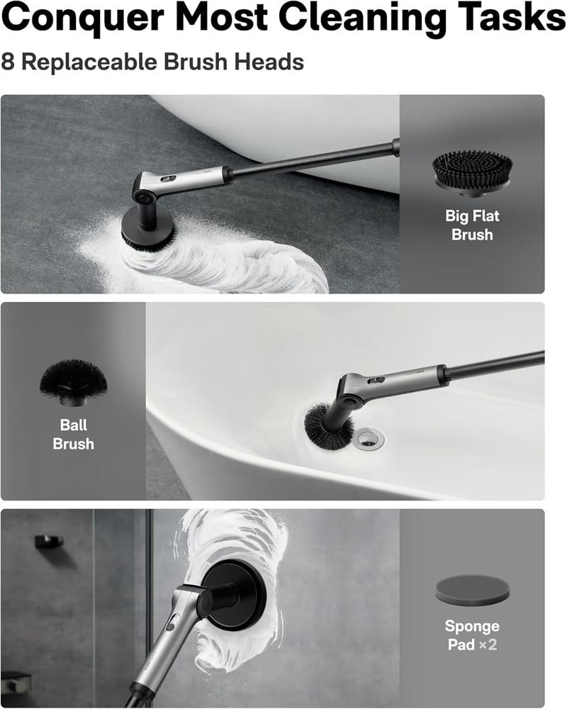 HOTO Flexi Cordless Electric Spin Scrubber, Adjustable Angle, Extendable Handle, Smart Display, IPX7 Waterproof, Powerful Cleaning Scrubber with 8 Replaceable Brush Heads, for Bathroom, Tile, Bathtub