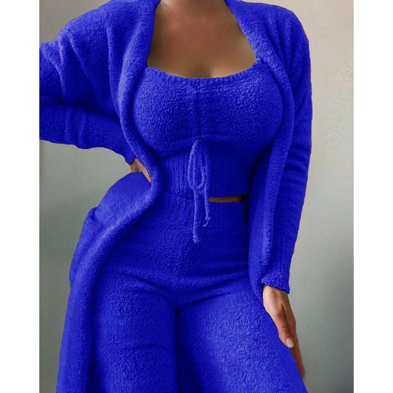 Women's Plush Three-piece Set, Lace-up Pajamas Set, Casual Set, Loungewear