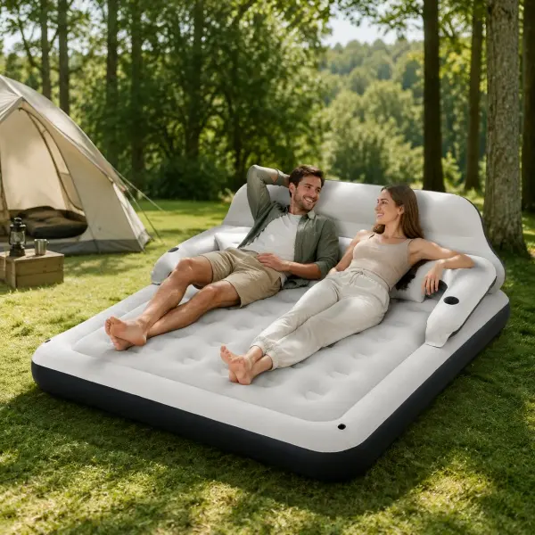 Inflatable Air Mattress with Backrest and Built-in Pillow, With Pump,Queen Size Air Bed for Adults, Raised Air Mattress with Comfortable Headboard, Portable Blow Up Bed for Home, Guest Room, Camping and Travel