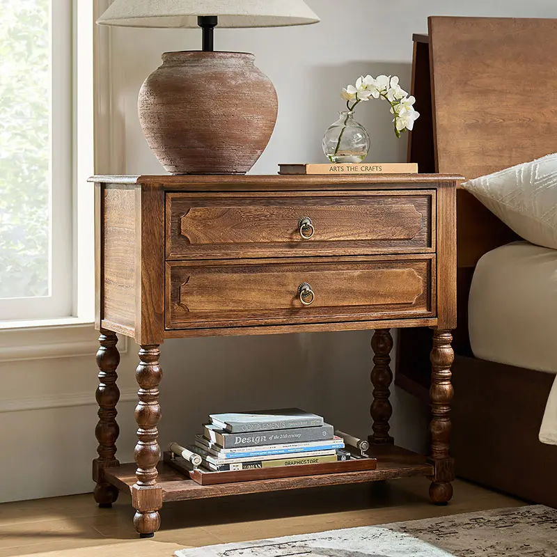 HULALA HOME Multi-Functional Solid Wood Nightstand | Built-In Power Strip & USB Ports | Two Drawers + Open Shelf Storage | Spindle Legs | Versatile Bedroom, Living Room, or Hallway Accent Table