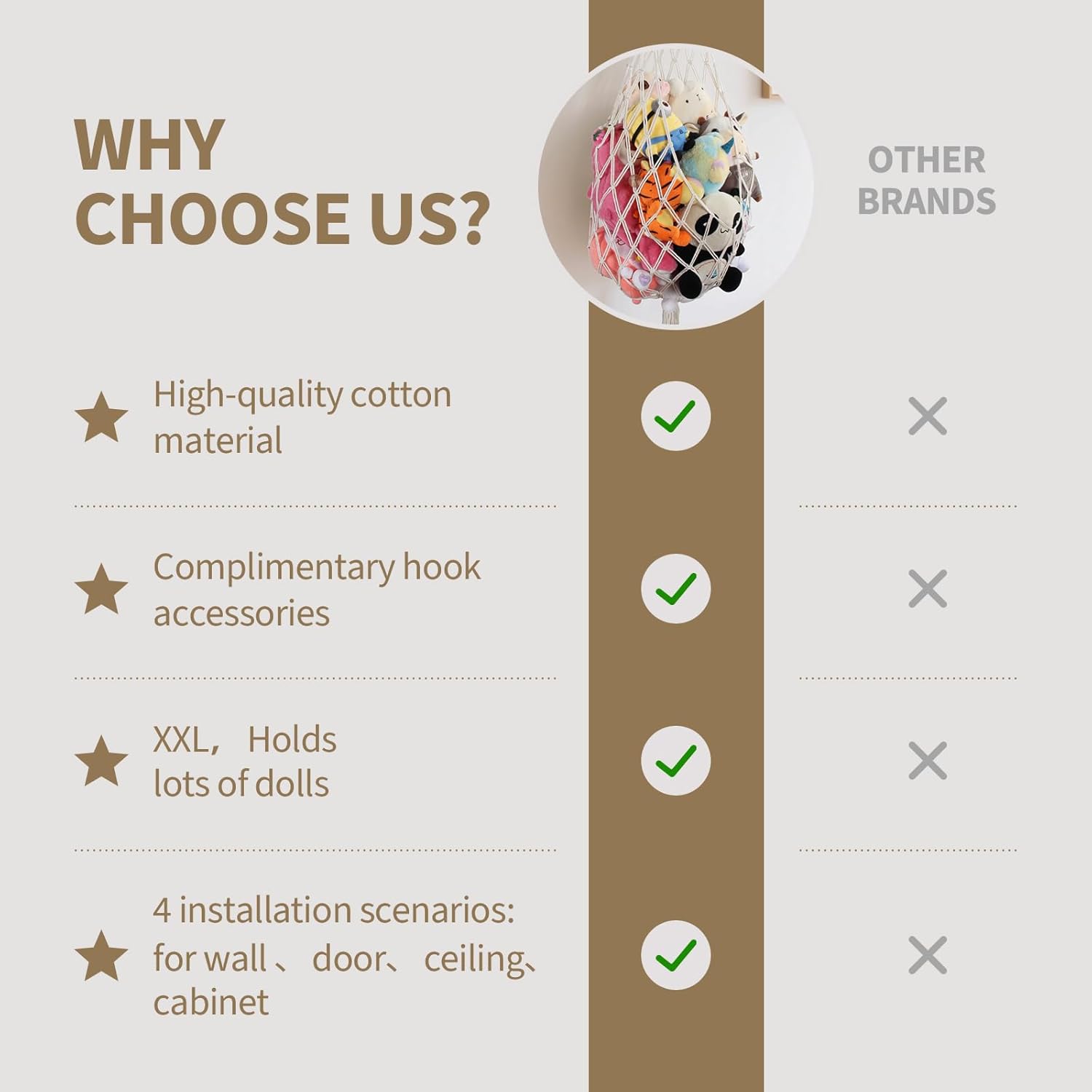 Stuffed Animal Storage Organizers Corner Hanging Net Stuffy Animal Hammock Macrame Toy Display Plush Toy Holder Wall, Kid Bedroom Decor Boho Nursery Playroom Organizer (Cream)