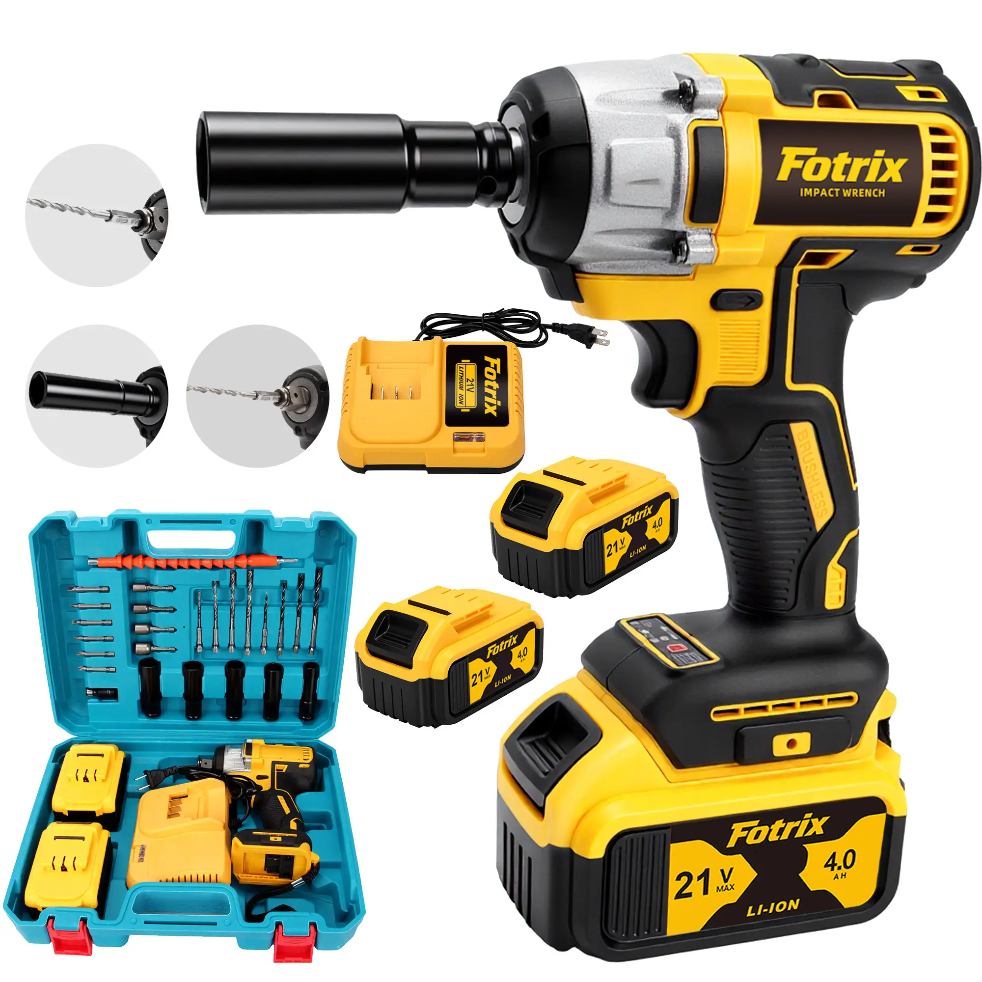 1/2-in Cordless Brushless Impact Wrench 3-in-1 Set, 21V 4.0Ah Lithium Battery, Stand-Mounted Fast Charger, Voltage Settings, Drill Bits, LED Lighting, ABS Drop-Resistant Housing, Cordless Drill Driver, Car Tools for Car Tire Bearings, Home DIY