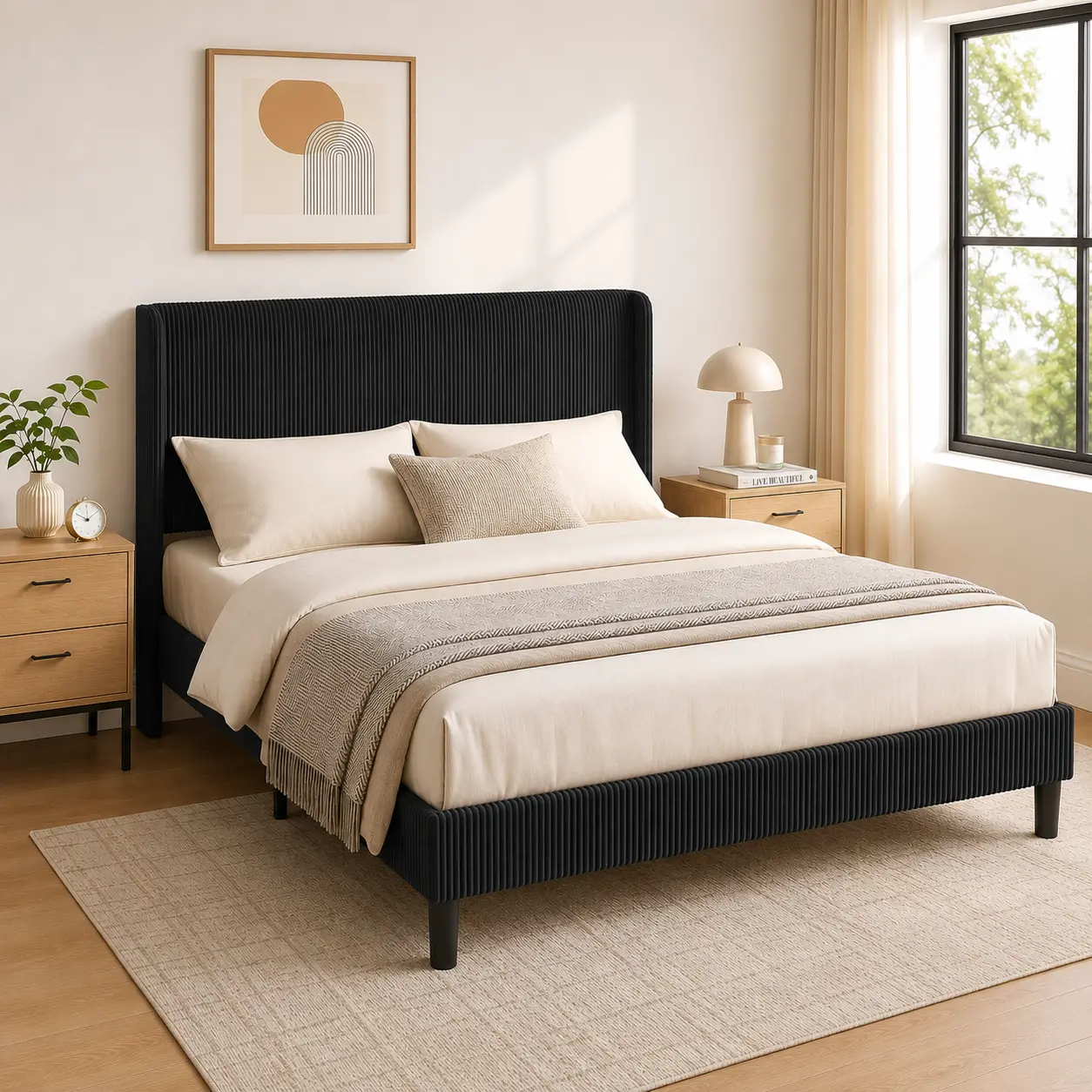 [BED FRAME ONLY] ALBOTT Modern Upholstered  Bed Frame with Corduroy Headboard, Minimalist Platform Bed with wingback Design, Easy Assembly, No Box Spring Needed, Headboard Splicing, Full/Queen/King Size[tiktokshopbacktoschool][SohoChic]