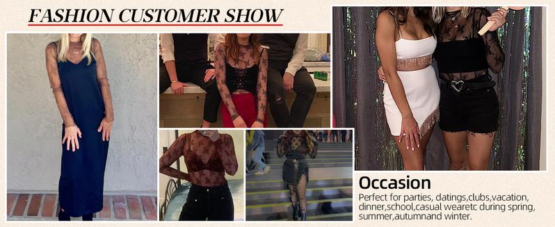 Ommig Lace Tops for Women Mesh Top Long Sleeve Floral Lace Blouse Sheer Mesh Mock Neck Layering Top