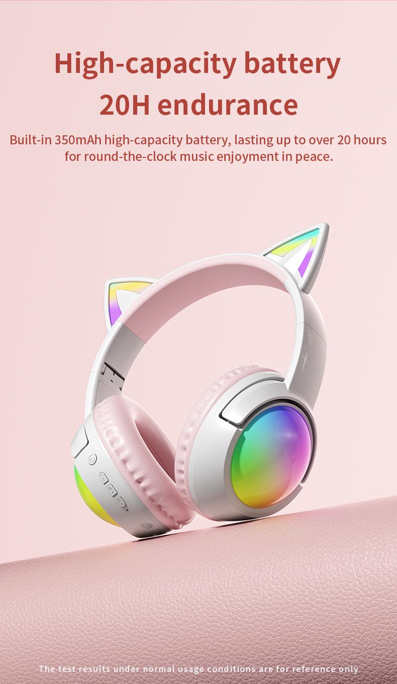 Wireless Bluetooth cat ear headphones with LED lights, foldable, over-ear design, built-in microphone, long battery life, suitable for mobile phones, tablets, iPads, and laptops. A cute gift for children, teenagers, and adults.