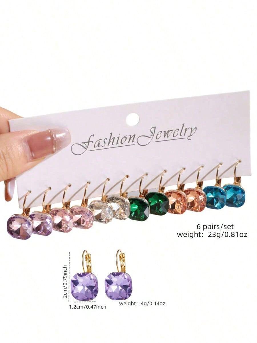 6 Pairs Colorful Glass Crystal Earrings, Elegant Glass Crystal Dangle Earrings, A Stylish Gift For Friends, For Daily Wear