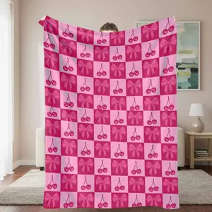 Cherry Bow Flannel Blanket Sweet Pink Checkered Print Soft Cozy Lightweight Warm Decorative Throw Perfect for Bedroom Sofa Picnic Travel Gift