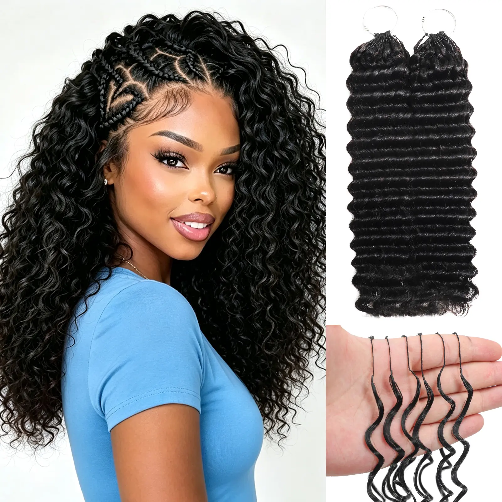Deep Wave Human Crochet Hair for Black Women, 120g Feather Miracle Knots Crochet Human Hair, Pre-Separated Lightweight Bundles,120 Strands Reusable Hair Extensions for Women,Natural Black