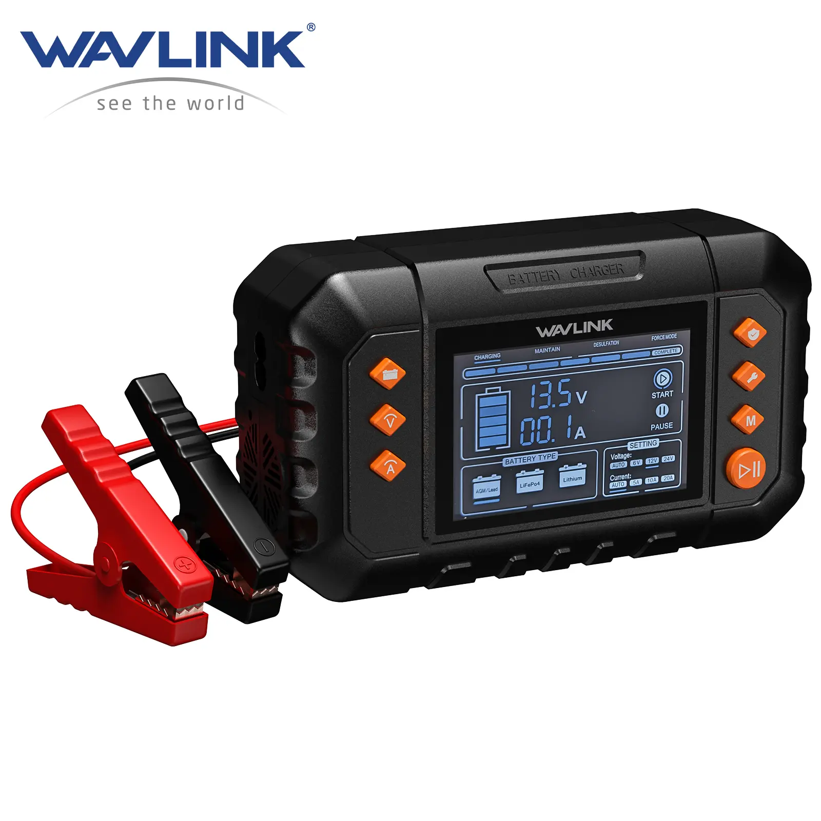 WAVLINK 280W Smart Battery Charger, Max. 20A Trickle Charger with LCD Display, for 6V/12V/24V Lead-Acid/Lithium/LiFePO4 Batteries, Battery Maintainer and Desulfurizer for Cars, Boats, Motorcycles jump starter multi-functional auto power system