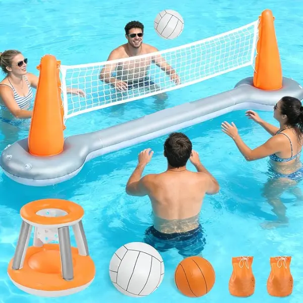 Inflatable Pool Volleyball Net with Floating Basketball Hoop Ultimate Swimming Pool Games Set for Kids & Adults Summer Backyard Water Toys & Pool Party Games