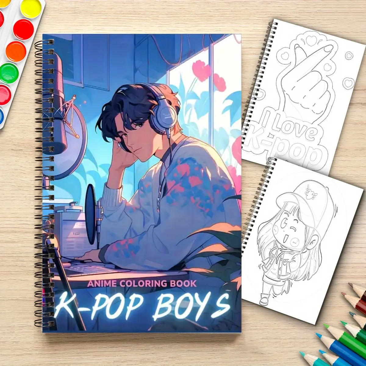 10PC 1 K-Pop Boy Anime Coloring Book | Spiral bound, includes illustrations of music producers and coloring pages, perfect for K-Pop fans and art lovers, ideal for K-Pop fan events and everyday creative activities.