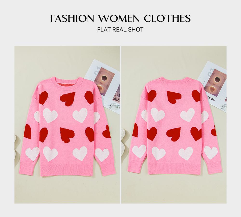 Asvivid Women's Faux Pearl Embellished Heart Pattern Valentines Day Sweater Tops Long Sleeve Pink Knitwear for Casual Wear Womenswear