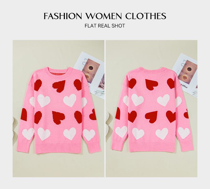 Asvivid Women's Faux Pearl Embellished Heart Pattern Valentines Day Sweater Tops Long Sleeve Pink Knitwear for Casual Wear Womenswear