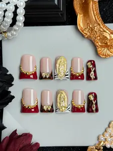 Glarein Nails Gilded Red Feast - Vintage Luxury Cool Girl Press-On Nails with 3D Gold Lines & Gradient Edges for Comfortable & Sharp Look