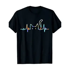 Men's Heartbeat Cat Graphic T-Shirt - Soft Cotton, Short Sleeve, Round Neck, Casual & Stylish for Casual Attire, Parties, and Outdoor Activities