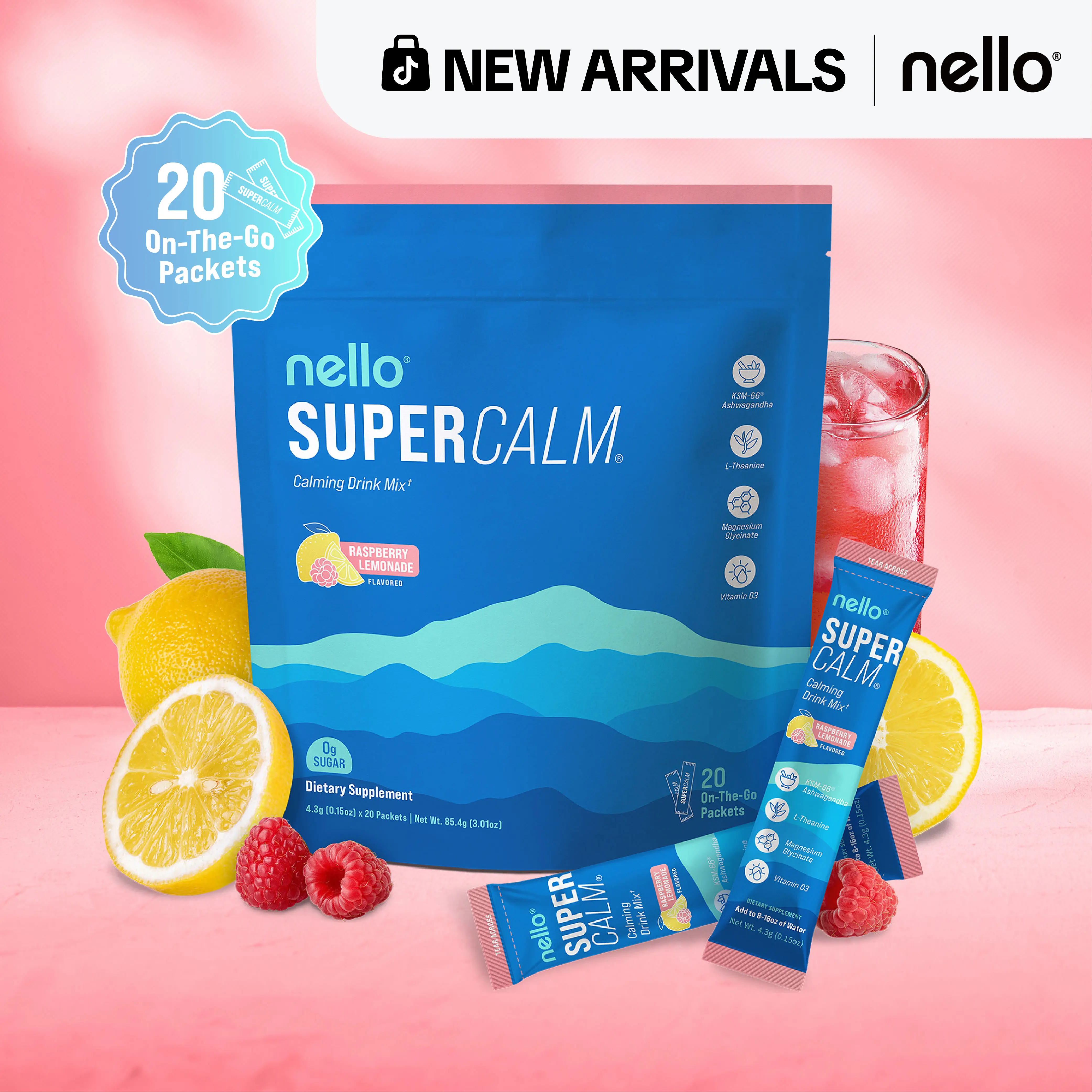 Nello Supercalm Calming Drink Mix with KSM-66 Ashwagandha Vitamin D3 Magnesium & L-Theanine Supports Cortisol Balance Mood Sleep 20 Servings Travel Packets Dietary Supplement
