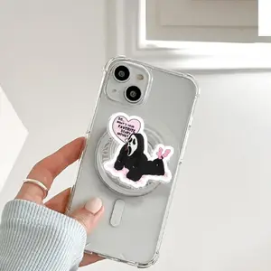 Cute Ghost with MagSafe Phone Grip, Horror Aesthetic Magnetic Phone Holder, Kawaii Scary Fan Gift , Kindle Accessories sticky Baby mount Library Card Flower-Shaped Multi-Functional Stand Universal Car Spooky Bat Adjustable