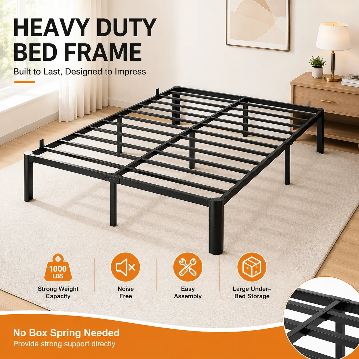 Heavy-Duty Metal Platform Bed Frame - 14 inch, Sturdy Steel for Daily Use, Hidden Storage, Box-Spring Free, Modern Bed Frames, Easy Installation, Steel Slat Support, Furniture, Metallic Bed Frames,toolupgrade