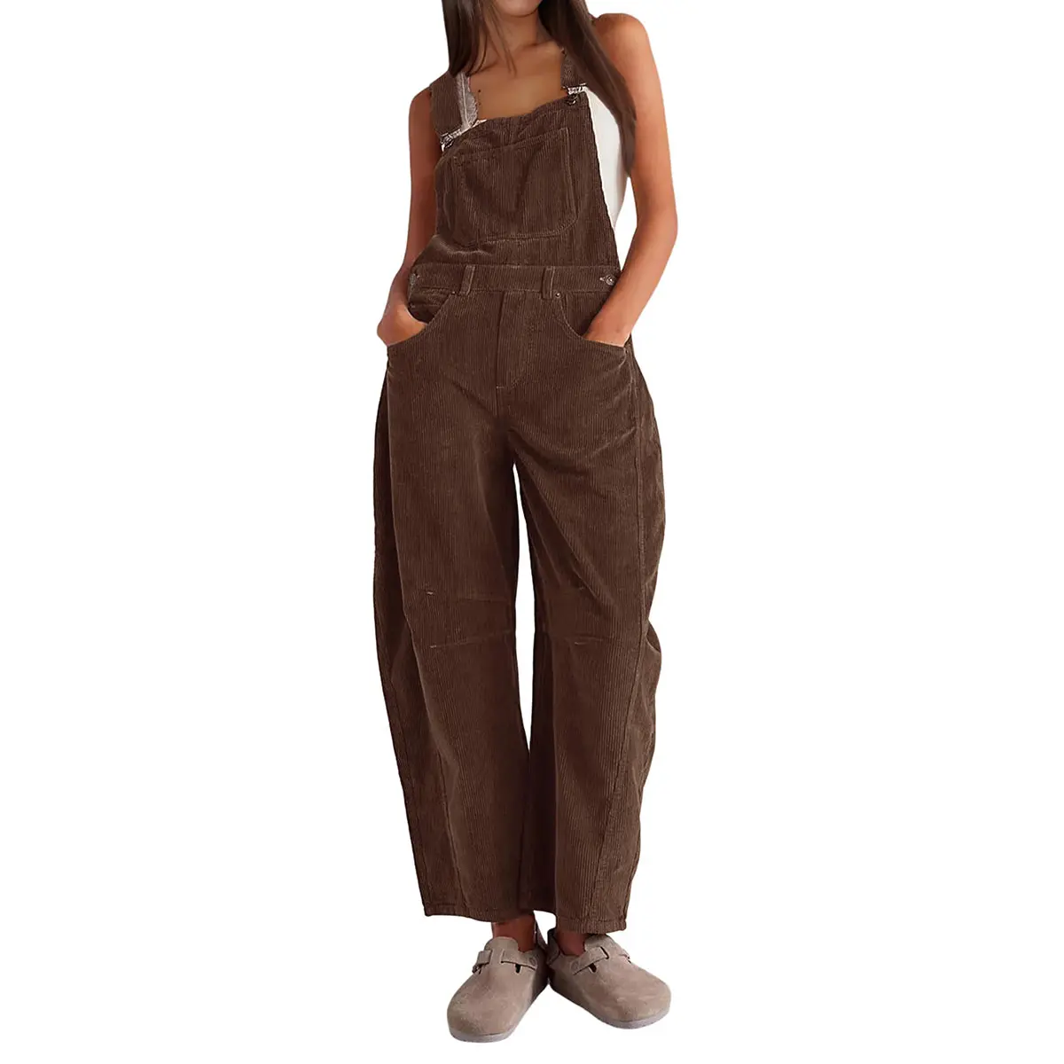 Mibbory Corduroy Overalls Barrel For Women Corduroy Bib Wide Leg Pants Womenswear 2026 Fashion Fall Winter Adjustable Romper Jumpsuit With Pockets