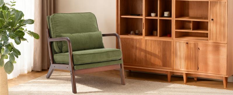 Mid Century Modern Chair, Accent Chair with Arms and Waist Cushion, Reading Chairs for Adults, Lounge Chair for Living Room and Bedroom, Solid Wooden Frame
