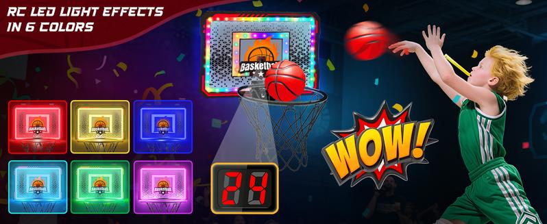VATOS Basketball Hoop Indoor for Kids, Light up Basketball Hoops with 6 Color LED Lighting, Remote Controller, Scoreboard & 3 Balls, Over The Door Basketballs Game Toys Gifts for Kids 5-12 Boys Girls