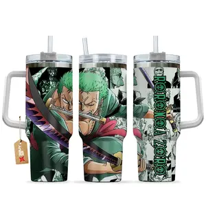 [One Piece] Roronoa Zoro Tumbler 40oz With Handle Stainless Steel Tumbler, One Piece Inspired Tumbler, The Pirate Hunter Santoryu Cup, Iced Coffee Tumbler, Gift for Otaku & Anime Fans