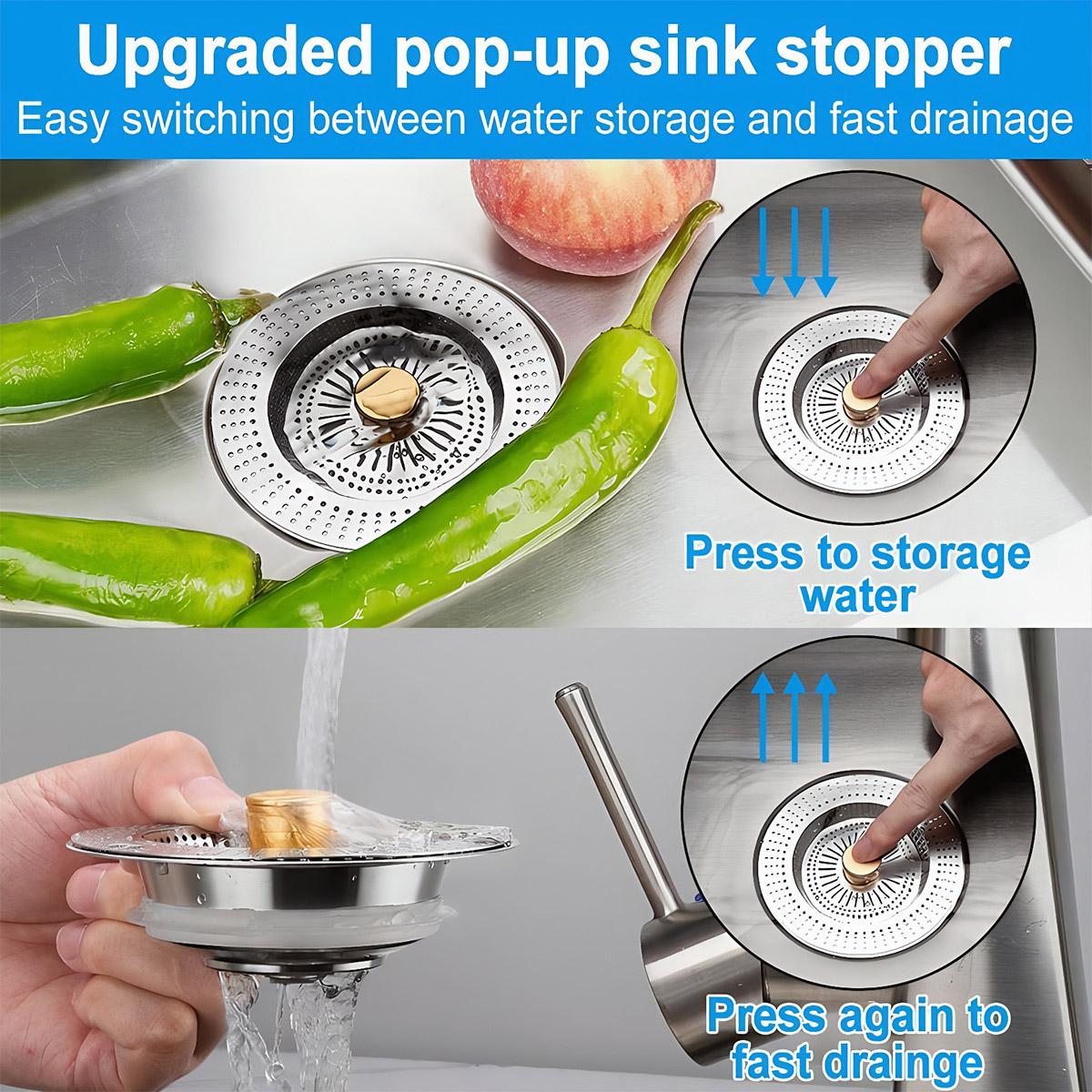 3-in-1 Kitchen Sink Drain Strainer Stainless Steel Sink Plug Deodorizing Anti-Clog Basket Strainer for US Standard 3-1/2 Inch Drains 304 Stainless Steel Quality