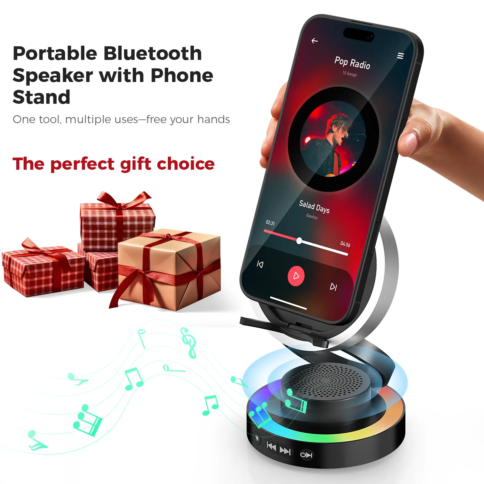VANOTOM 5-in-1 Wireless Speaker Phone Stand ,BT Speaker, Power Bank, RGB Light,Foldable for All Phones | backtoschool