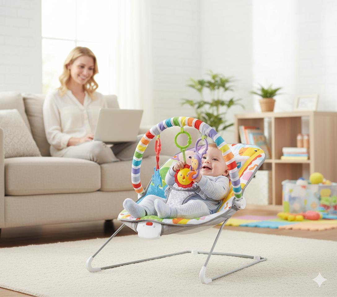 Baby Bouncer Soothing Vibrations Infant Seat - Removable Toy Bar, Nonslip Feet, 0-6 Months, Multi-Position Recline, Soft Padded Seat, Colorful Animal Patterns