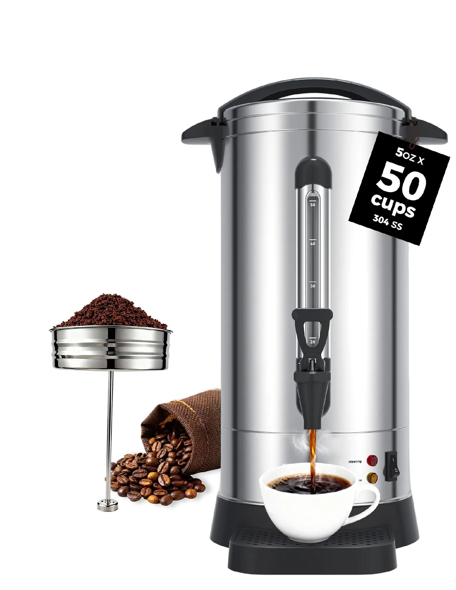 OSTBA 950W Commercial Coffee Urn 50 Cup / 8.3L 304 Stainless Steel Percolator Coffee Pot, Double-Wall Hot Water Dispenser Electric Coffee Maker Fast Brewing for Home, Office, Catering & Small Events Beverage