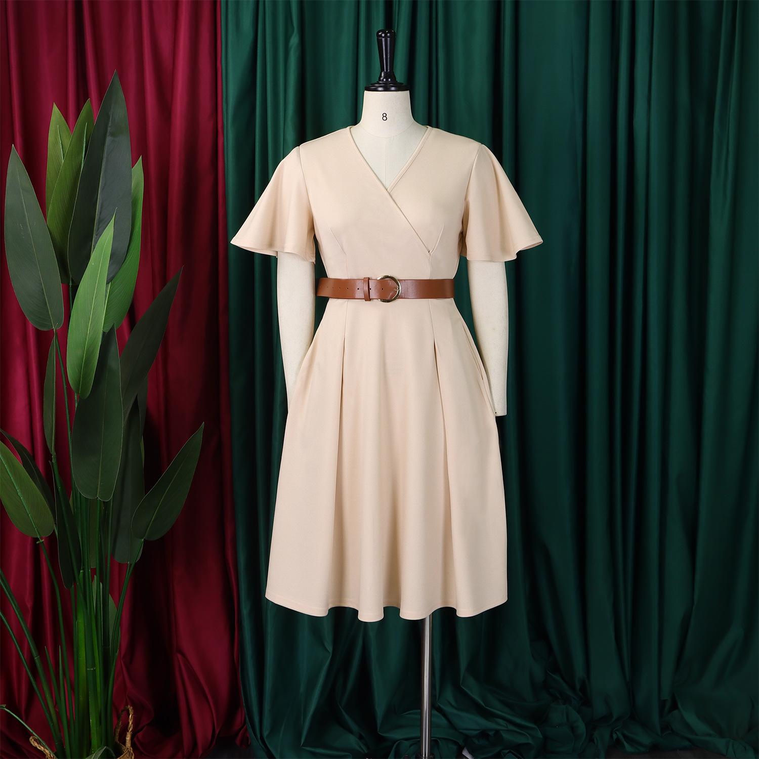 3333 Emerald Green Wrap V-Neck Midi Dress for Women - Short Flare Sleeve, A-Line Silhouette with Brown Belt| Elegant Versatile Dress for Work, Brunch, Date & Formal Occasions