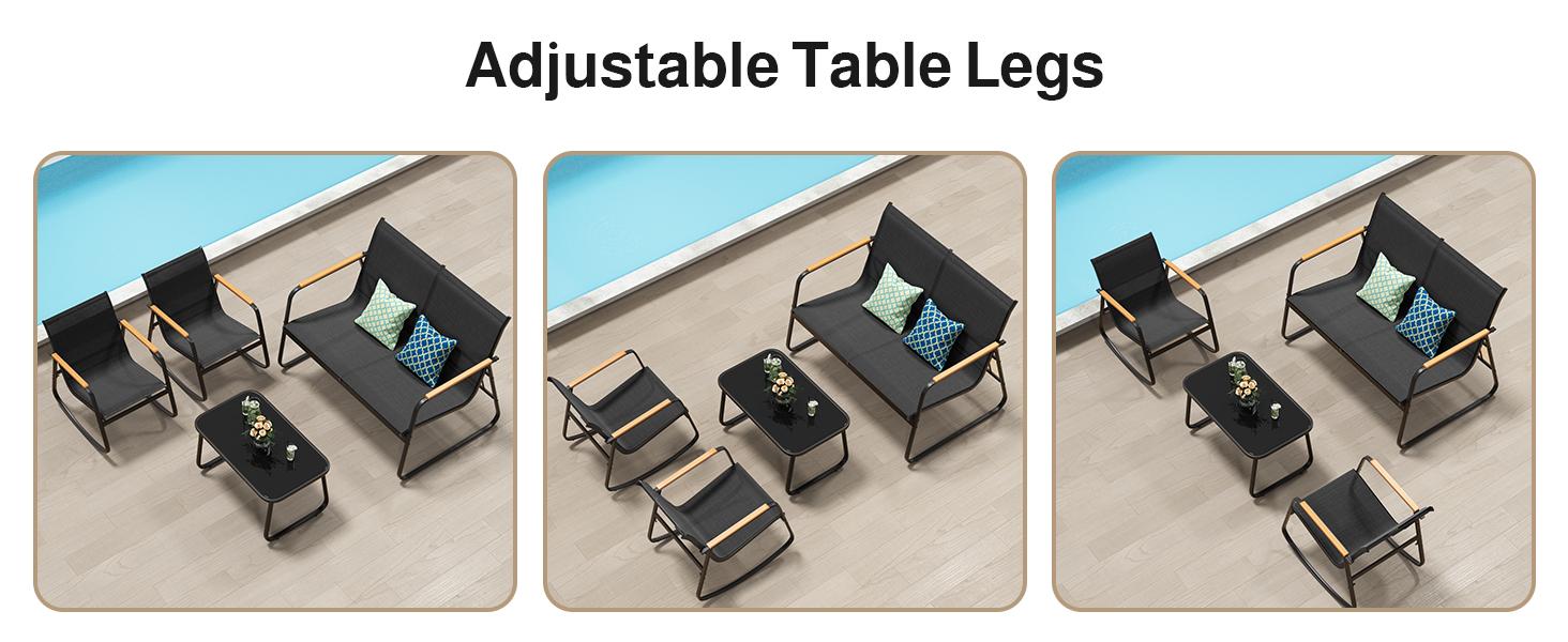 Gizoon 4-Piece Patio Furniture Set, Textilene Outdoor Conversation Set with 2 Rocking Chairs and Tempered Glass Coffee Table, for Lawn, Garden, Balcony, Poolside (Black)