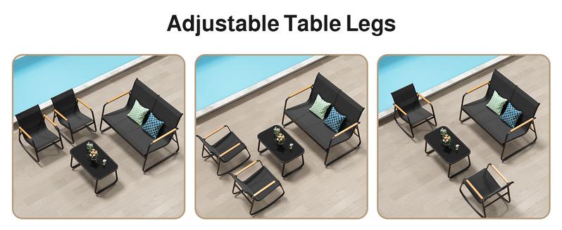 Gizoon 4-Piece Patio Furniture Set, Textilene Outdoor Conversation Set with 2 Rocking Chairs and Tempered Glass Coffee Table, for Lawn, Garden, Balcony, Poolside (Black)