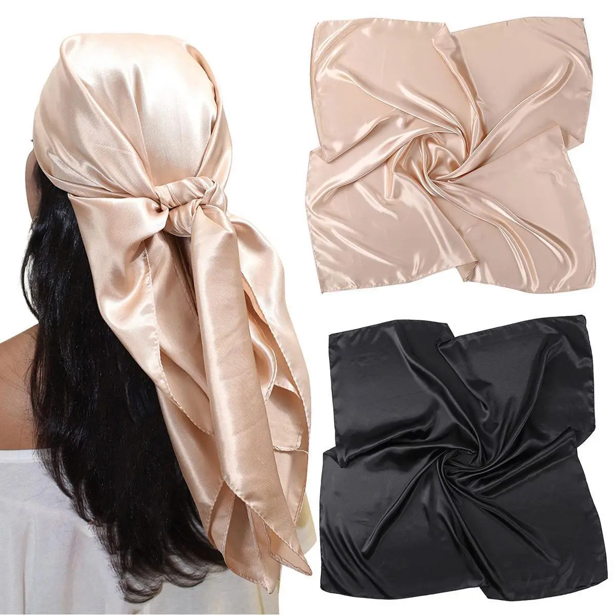 AWAYTR Women's 2-Pack 35" Large Square Silk-Like Satin Hair Kerchiefs - Breathable Solid Color Head Wrap Turban, Hair Bandanas, Matching Headscarf, Neck Scarves, Female, Bandana Style, Elegant, Shawl For Dress, Scarf Bandana, Silk Feeling Bandana