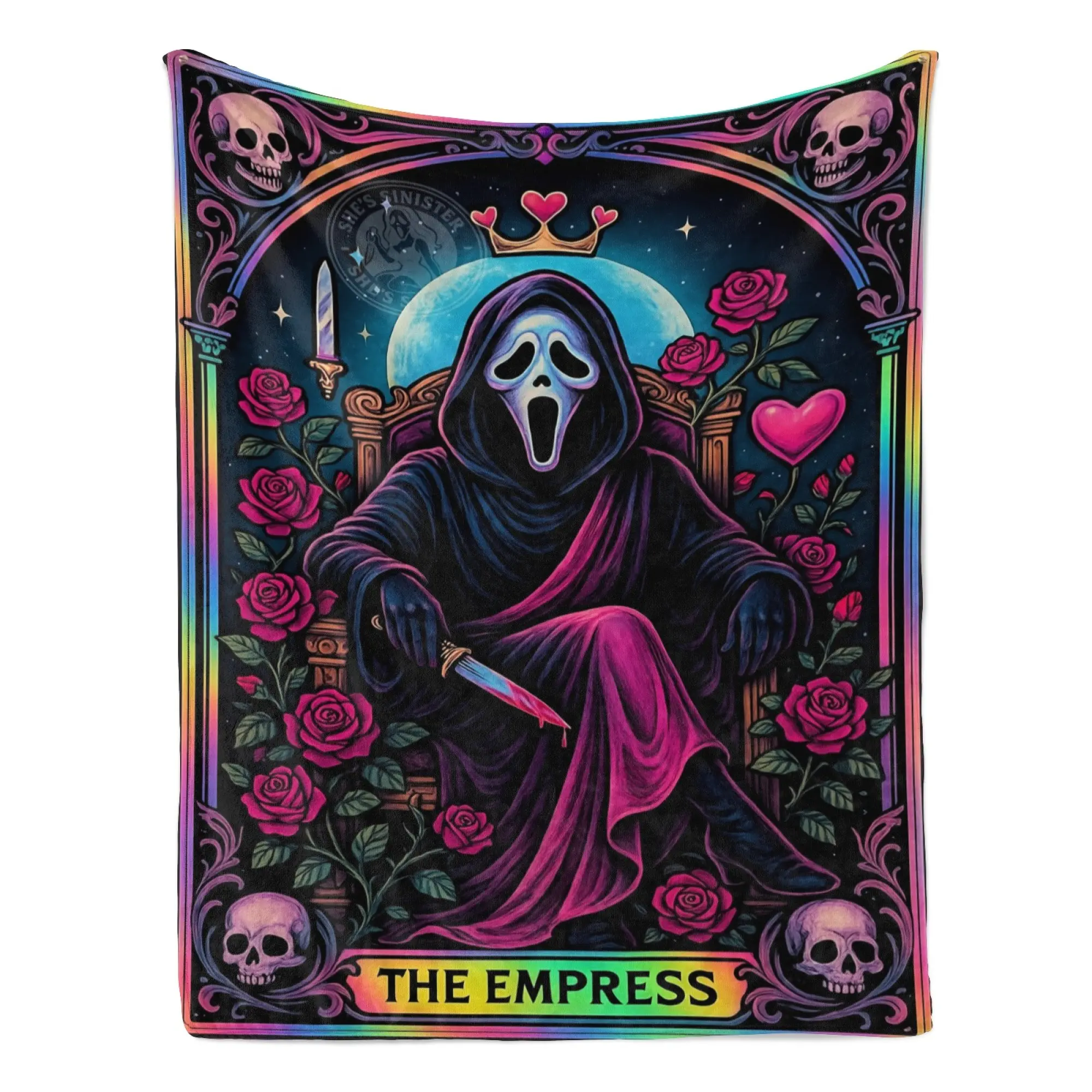 Scream "The Empress" Tarot Card Plush Flannel Blanket - Gothic Horror Throw with Ghostface, Neon Skulls Art, Soft Fluffy Fabric, Multi-Size, Home Sofa Use, Cozy for Horror Fans, Unique Gifting, Soft Fluffy Blanket, Snuggle Anywhere, Ultra-Soft