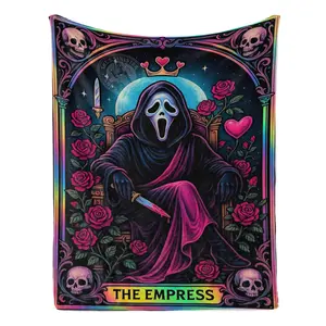 Scream "The Empress" Tarot Card Flannel Blanket Gothic Horror Tarot Throw with Scream Ghostface & Neon Floral Skull Art – Ultra-Soft, Cozy, Perfect for Spooky Decor, Horror Fans, Halloween Nights and Unique Gifting, Ideal for Year-Round Snuggling.