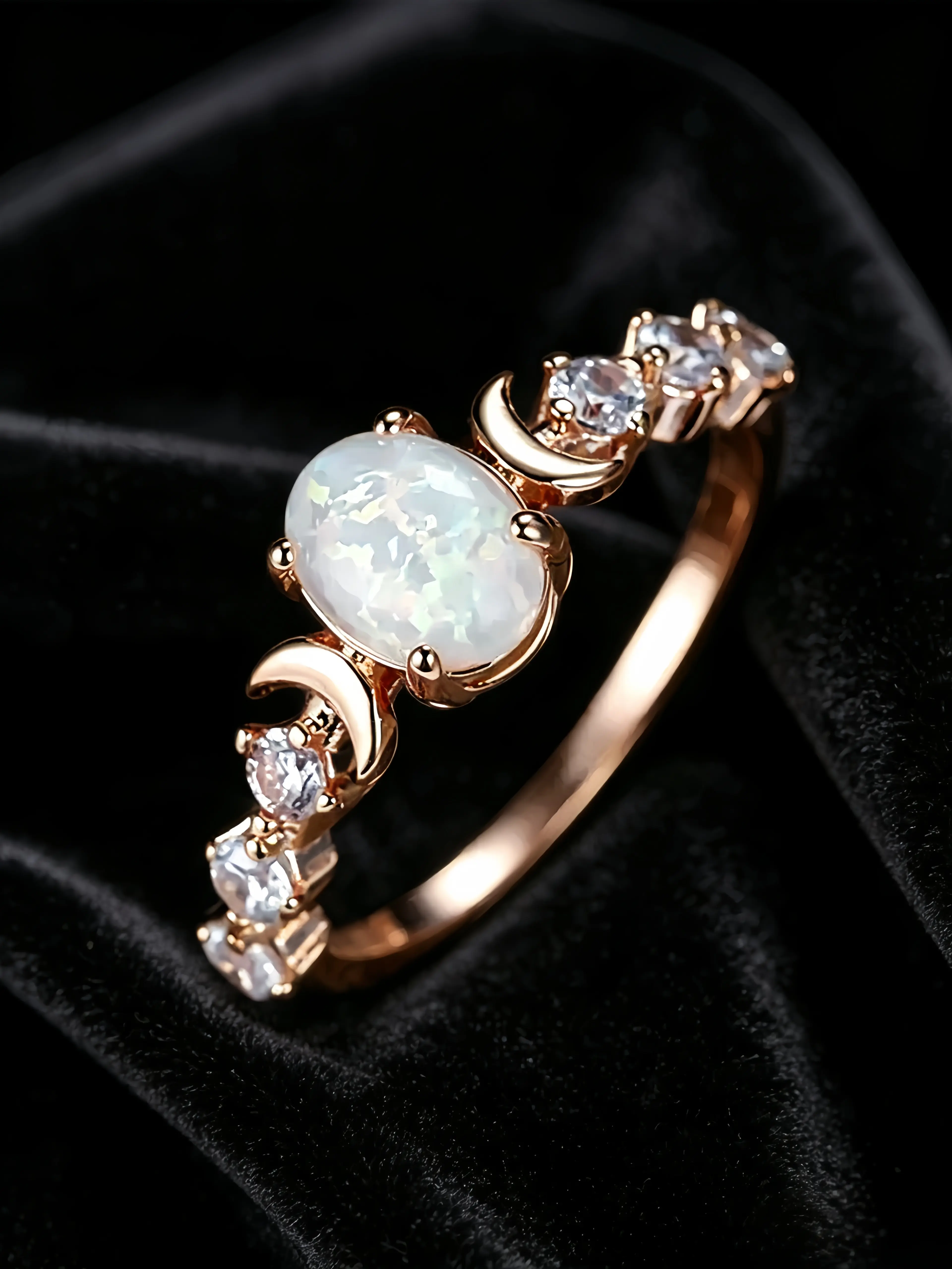 Oval Opal Moon Ring | Rose Gold Celestial Jewelry for Women | Summer Boho Rhinestone Promise Ring | Dainty Wedding Engagement Band | Unique Gift for Her