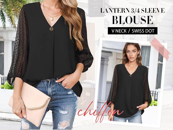 ZEAGOO Womens 3/4 Sleeve Tops See Through Chiffon Elbow Sleeve Tops Polka Dot Bohemian Blouses Dressy Casual