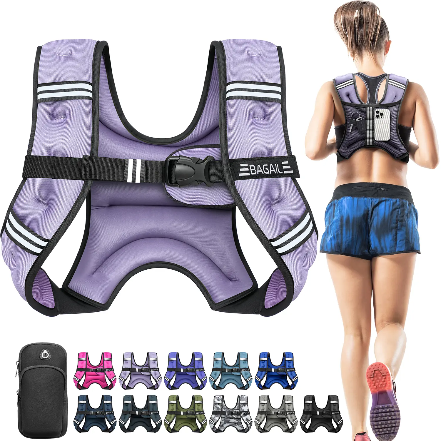 【BackToSchool】BAGAIL Comfort-Fit Weighted Vest for Woman, Even Weight Distribution, No-Chafe or Bounce for Walking & Running with Detachable Phone Pouch & Reflective Stripes (Available 5-30lbs) Summervibes tiktokshopbacktoschool