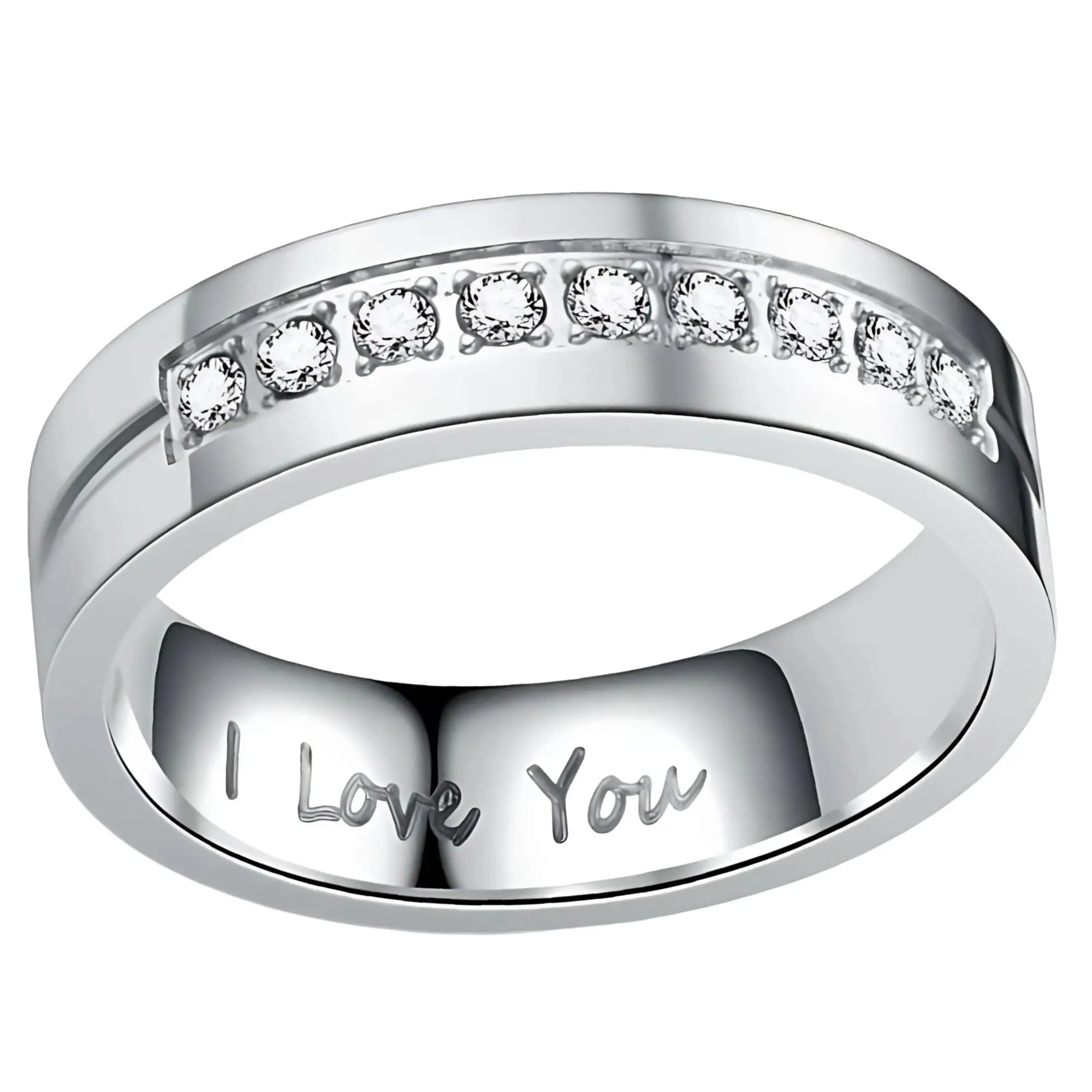 6mm Wedding Band for Men or Women by Ginger Lyne |Inscribed I Love You Stainless Steel Bridal Ring His or Hers Cubic Zirconia Smooth Polish Finish