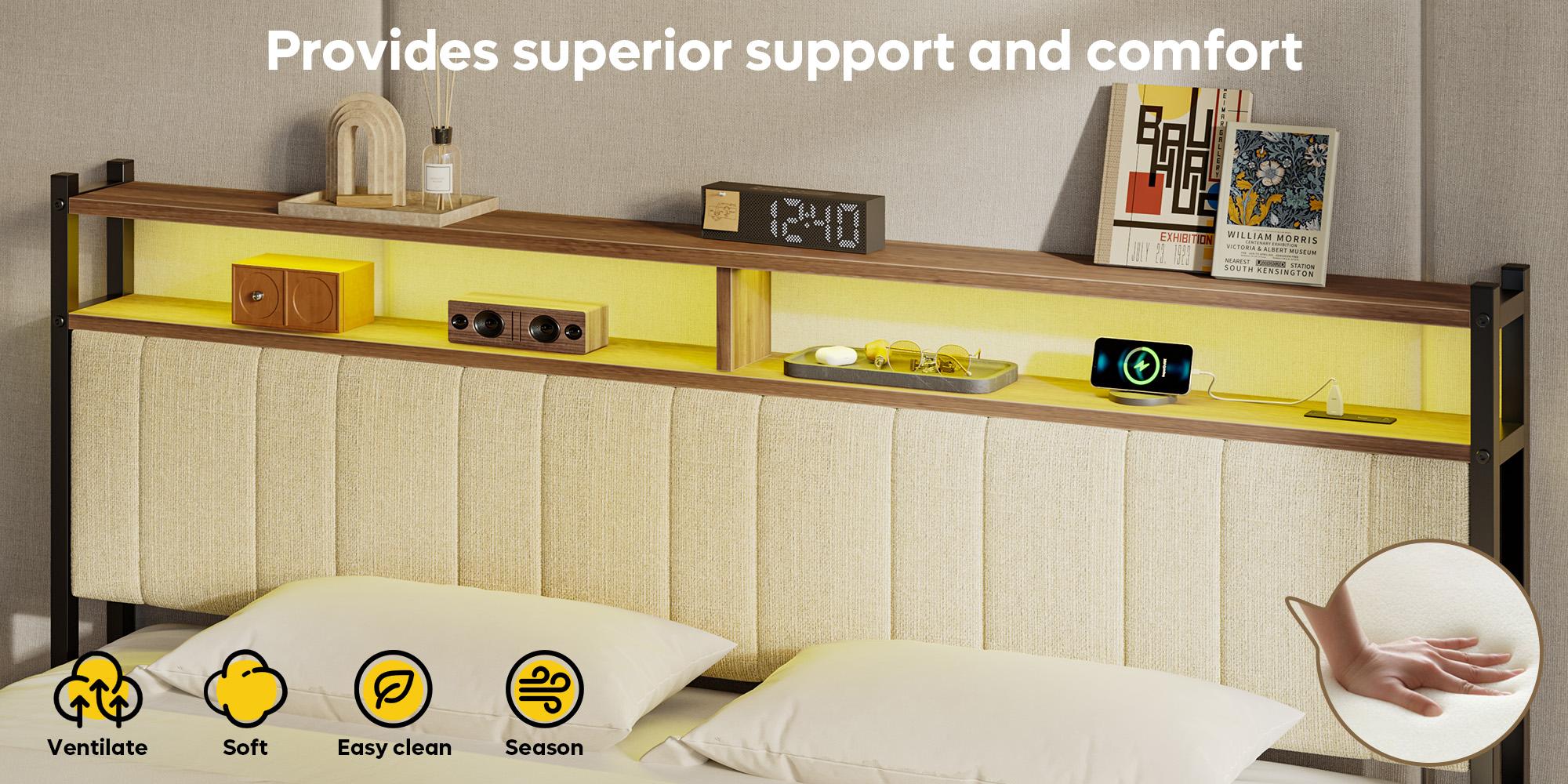 Pinmoco Upholstered Headboard with Storage, Linen Head Board with LED Light and Charging Station 【Headboard Only】